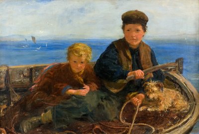 To gutter og en hund i en båt, ca. 1871 (olje på lerret) av William McTaggart