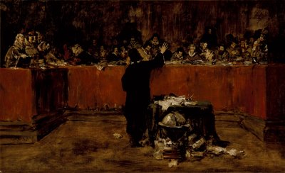 Skisse til et bilde - Columbus foran rådet i Salamanca (B) (Kristoffer Columbus foran det spanske rådet) av William Merritt Chase
