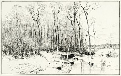 Uten tittel, vinterlandskap (penn og blekk på papir) av William Merritt Chase