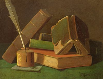 Stilleben med bøker og blekkbrønn av William Michael Harnett