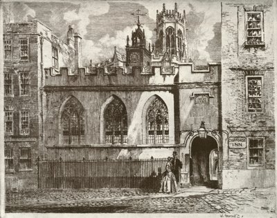 Cliffords Inn Hall and Clock Turret, med Lantern Tower of St. Clement Danes Beyond, 1934. av William Monk