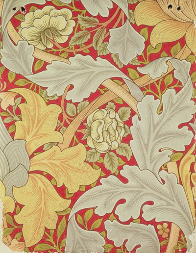 Acanthusblader og villrose på karmosinrød bakgrunn, tapetdesign av William Morris