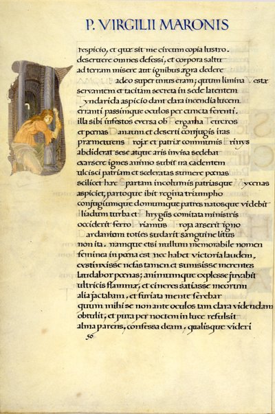 Helen gjemmer seg i Vesta-tempelet, side 50 fra Virgils "Aeneid" av William Morris