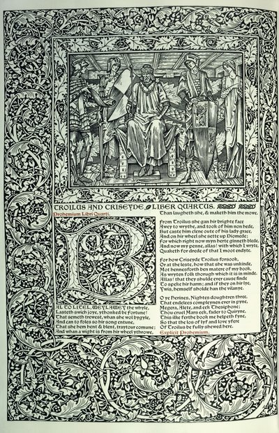 Scene fra "Troilus and Criseyde", historisk initial "B", manuskript med full sidekant, 1896 av William Morris