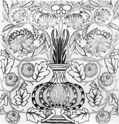 «Blomsterpotten», brodert panel designet av William Morris (1834–96) og utført av May Morris (s/h-trykk) av William Morris