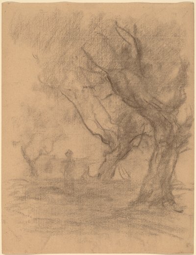 Kvinne som står under to trær av William Morris Hunt