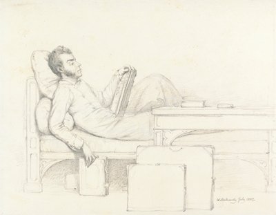 Selvportrett av kunstneren lenende på en gotisk sofa og leser en bok av William Mulready