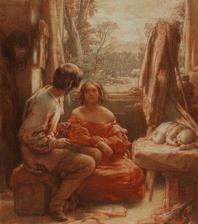 The Artist's Studio, ca. 1839 (blyant med rødt og hvitt kritt på papir) av William Mulready
