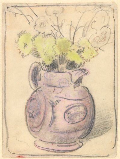 Vase med blomster: gule krysantemum i en glansmugge (svart og farget kritt på papir) av William Nicholson