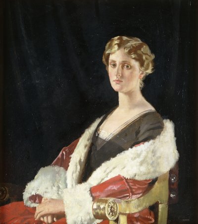 Portrett av Nancy Oswald Smith, sittende halv lengde, i en rød pelsfôret frakk, 1915 av William Orpen