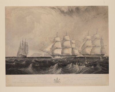 Dette trykket forestiller ostindiske skip «Vernon», kommandør Geo. Denny, på sin reise ut, utstyrt med en dampmaskin på 30 hestekrefter, passerende HM-skipene Edinburgh og Blenheim 74 og seilte nedover Kanalen den 21. september 1839 utenfor Benbridge [sic, av William Overend Geller
