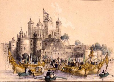 Ombordstigning av Høyre Hon. Lord Mayor ved Tower of London (litho) av William Parrott