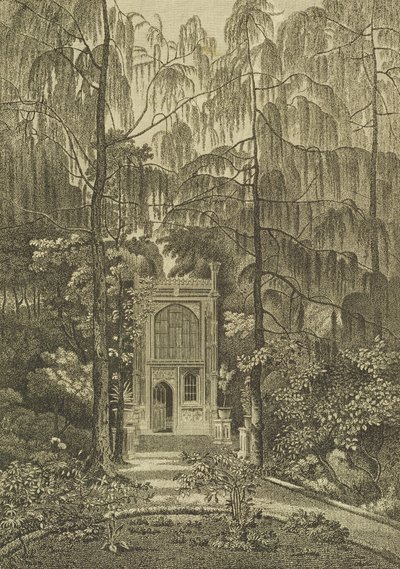 Utsikt over kapellet i hagen ved Strawberry Hill, gravert av Godfrey, 1784 av William Pars