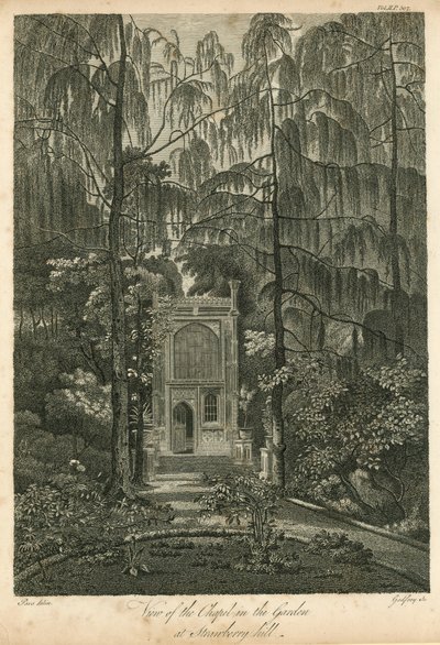 Utsikt over kapellet i hagen ved Strawberry Hill, Twickenham, London av William Pars