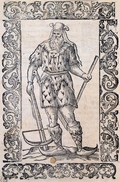 Mann med pelskjole, armbrøst og sko med vridd spiss (eksempel på rudimentære ski), illustrasjon tilskrevet Cesare Vecellio (1521-1601), utgitt i Italia på 1500-tallet av Nicolas Toussaint Charlet