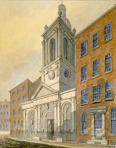 Nordøstutsikt over Church of St Peter-le-Poer og Old Broad Street, City of London, 1815 av William Pearson