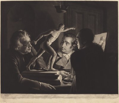 Tre personer ser på gladiatoren med levende lys av William Pether after Joseph Wright