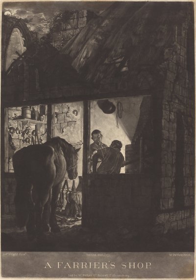 Hovslagerbutikken av William Pether after Joseph Wright of Derby