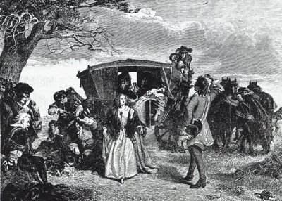 Highwayman Claude Duval avbildet i det legendariske øyeblikket da han nekter å ta alt byttet sitt hvis kona til offeret danser en "courante" med ham på Hounslow Heath (gravering) av William Powell (after) Frith