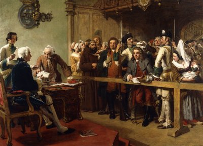 Hogarth ble brakt for guvernøren i Calais som spion, 1851 av William Powell Frith
