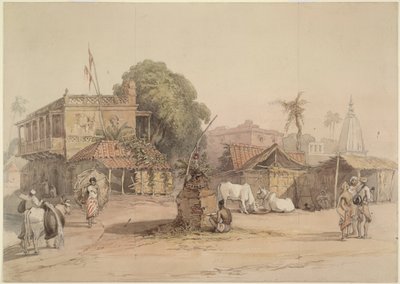 Landsbyscene med et lite 'tulsi'-alter og en vannbærer med oksen hans, India ca. 1830-40 av William Prinsep