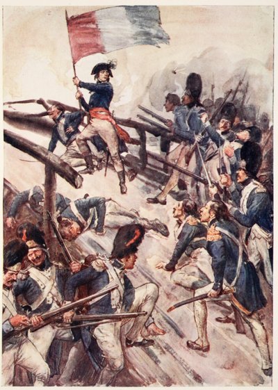 'Seizing a Flag, He Self Led His Men Over the Bridge', plate fra 'The Story of France', av Mary MacGregor, 1920 (farget litho) av William Rainey