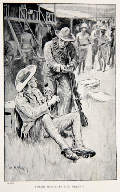Yorke møter en gammel venn, en illustrasjon fra "With Roberts to Pretoria: A Tale of the South African War" av G.A. Henty, pub. London, 1902 av William Rainey