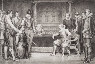 Guy Fawkes (1570-1606) forhørt av James I (1566-1625) og hans råd i kongens sengekammer, fra 