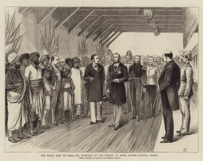 Det kongelige besøket til India, mottaket av visekongen på Boree Bunder Station, Bombay av William Ralston
