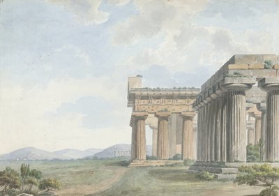 Utsikt i Levanten: Tempelruinene ved Paestum, ca. 1785 (wc med penn og blekk over grafitt på papir) av William Reveley