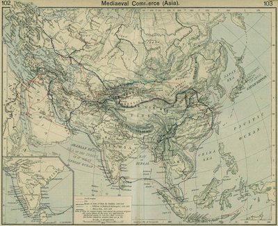 Middelalderhandel Asia. Fra The Historical Atlas av William Robert Shepherd