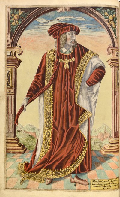 Keiser Maximilian I, av Honor Military, and Civil, William Segar, pub. Robert Barker, London, 1602 (håndfarget gravering) av William Rogers