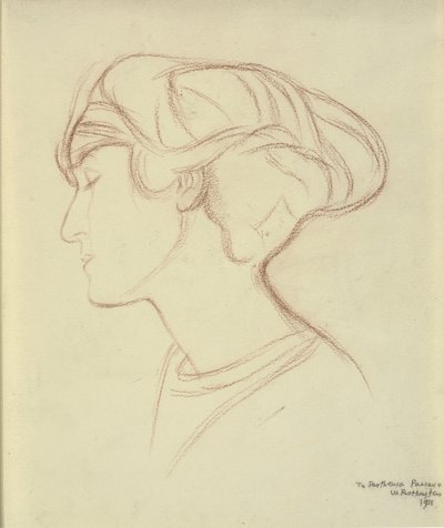 Kvinnehode (Parthenia Passano?) i profil til venstre av William Rothenstein
