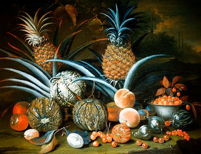 Stilleben av ananas, meloner, fersken, jordbær, kirsebær og annen frukt (olje på lerret) av William Sartorius