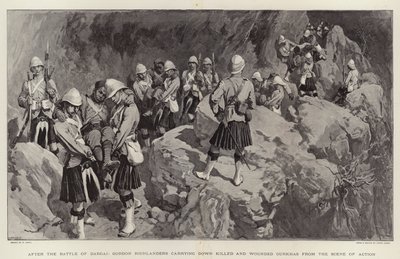 Etter slaget ved Dargai, bærer Gordon Highlanders ned drepte og sårede gurkher fra handlingsscenen av William Small