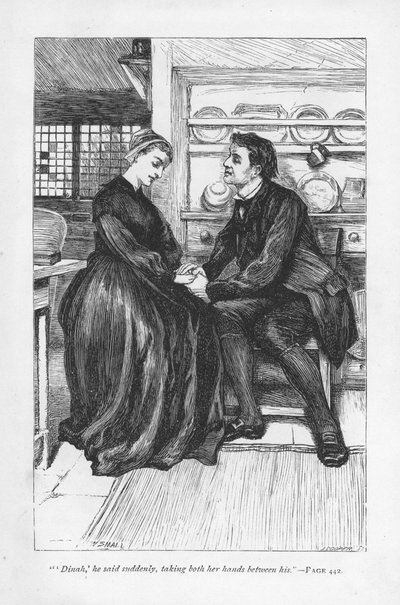 Etter prøvelsene og prøvelsene i historien erklærer Adam Bede sin kjærlighet til Dinah Morris, metodistpredikanten. Adam Bede av George Eliot, første gang utgitt 1859. Illustrasjon av William Small (1843-1929) fra en utgave utgitt c1885. av William Small