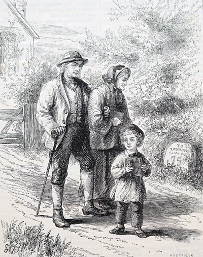 Et eldre ektepar og deres barnebarn. Av William Small (1843-1929), en engelsk illustratør. 1880 (gravering) av William Small