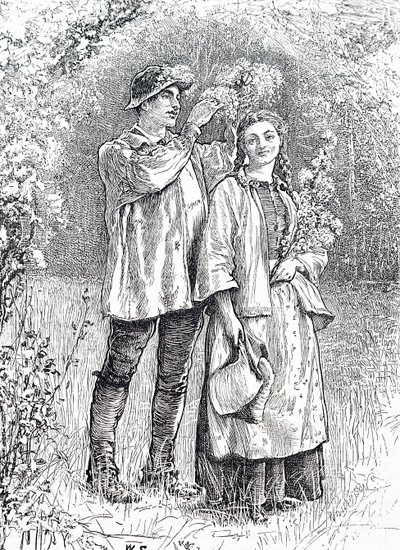 Kroningen av maidronningen med en krans av hagtorn av sin kjære. Av William Small (1843-1929), en engelsk illustratør av William Small