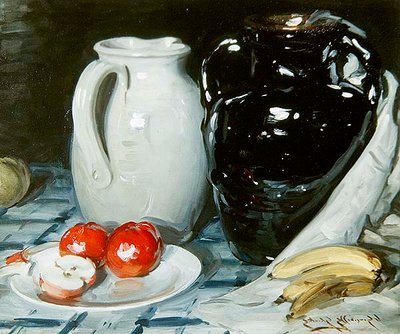 Stilleben med epler og bananer, og en stor kanne og vase (olje om bord) av William Somerville Shanks