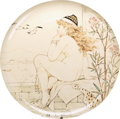 En Minton Art Pottery Studio-lader, malt med en naken som stirrer ut mot havet, 1800-tallet av William Stephen Coleman
