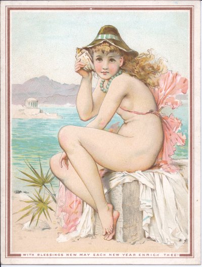 Viktoriansk nyttårskort av en badende skjønnhet på en strand som holder et skall mot øret, ca. 1881 av William Stephen Coleman