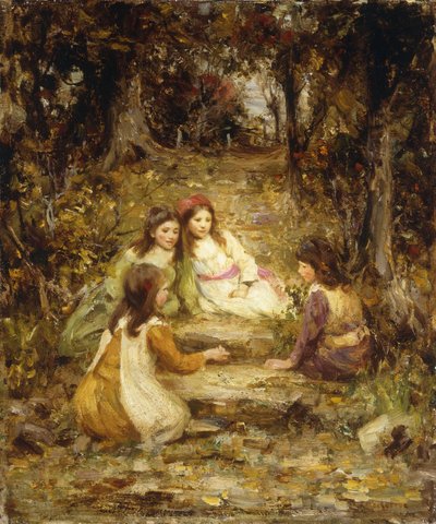 Barn i en frukthage (olje på lerret) av William Stewart MacGeorge