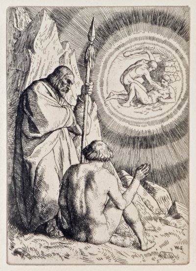 Michael setter foran Adam a Vision from Paradise Lost av John Milton (1608-1674), en serie på 12 illustrasjoner etset av William Strang (1859-1921) av William Strang