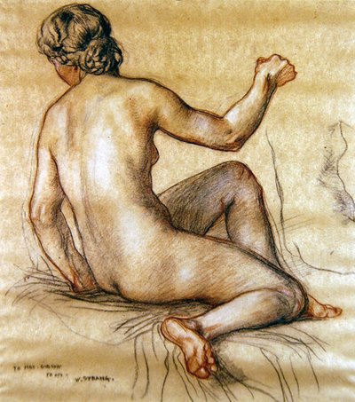 Studie av en naken kvinne sittende bakfra, ca. 1890 (kull, rødt og hvitt kritt på papir) av William Strang