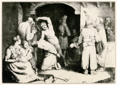 The Scourging of Faithful from the Pilgrims Progress From This World, To That Who Is To Come av John Bunyan (1628-1688) illustrasjon av William Strang (1859-1921) Faithful blir torturert etter sin tria av William Strang