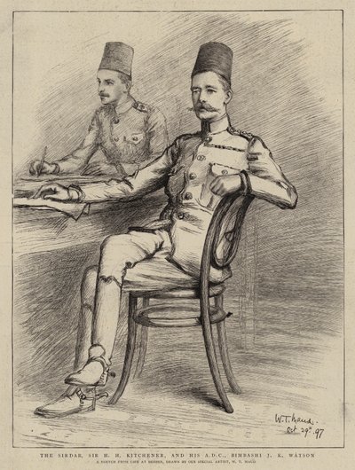 Sirdaren, Sir HH Kitchener, og hans ADC, Bimbashi JK Watson (litho) av William T. Maud