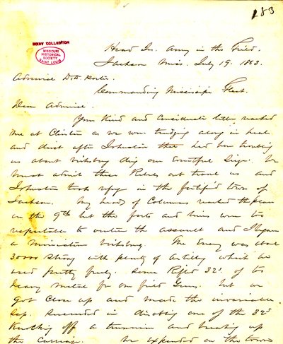 Brev fra W. T. Sherman, hovedkvarter, Army in the Field, Jackson, Mississippi, til [David D.] Porter, 19. juli 1863 av William T. Sherman