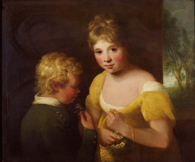 To barn med en kurv med blomster (olje på lerret) av William Tate