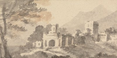 Italiensk landskap med ødelagt slott av William Taverner