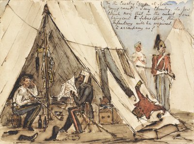 I kavalerileiren ved Devna (ung kornett) ?Jeg sier Charley, tror du nå at i tilfelle vi blir sendt til Sebastopol, vil infanteriet bli pålagt å følge oss?, ca. 1854 (penn og blekk og wc) av William Thomas Markham
